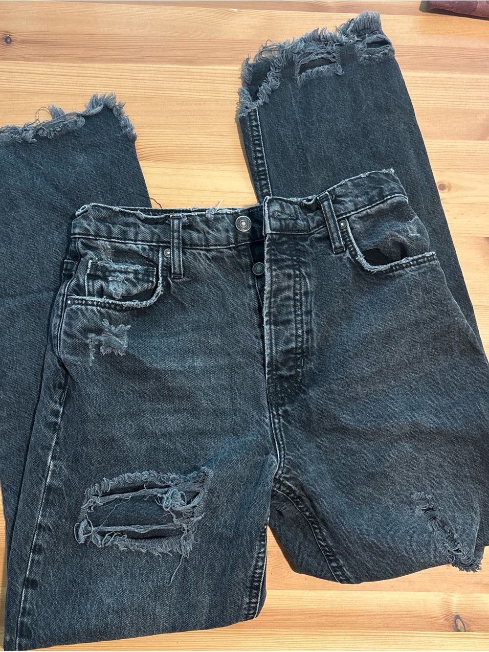 Free People Women's Straight Leg Distressed Ripped Black Washed Jeans with